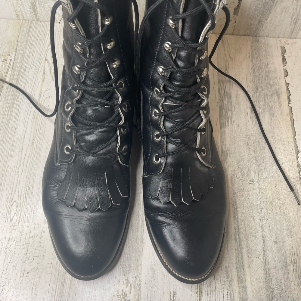 Justin Vintage Roper Fringe Lace Up Cowboy Boots-Black size 10 Military Rodeo - Picture 6 of 11